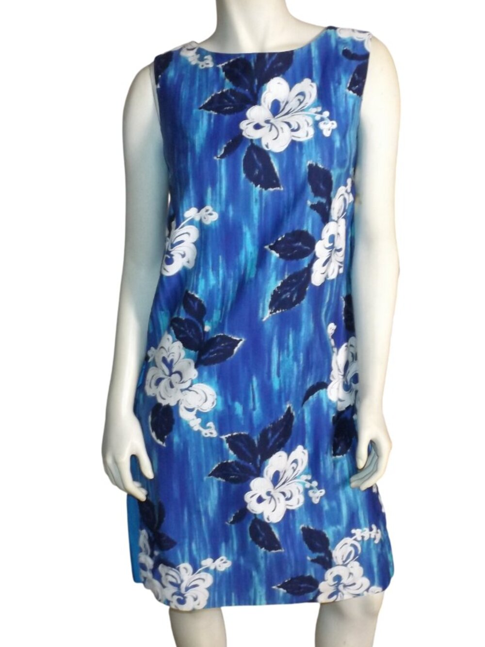 Vintage ROYAL HAWAIIAN Dress, S, blue/White Floral, Side insert, Bow, Shift